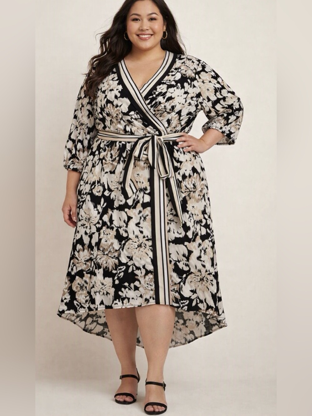 Lane Bryant Black & Beige Floral Faux Wrap High-Low Dress Sz 22/24P Petite